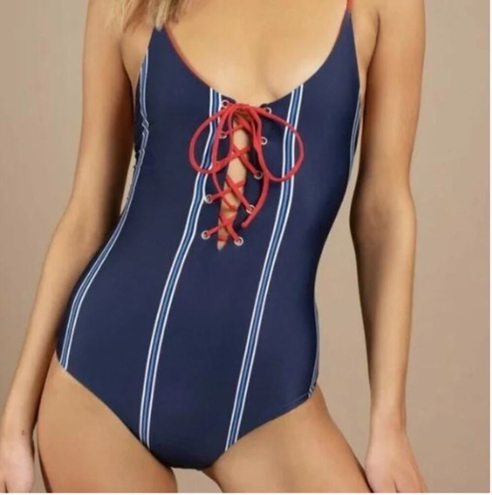 Tavik Womens Monahan Lace Up One Piece Swimsuit Evening Blue Red Full Coverage